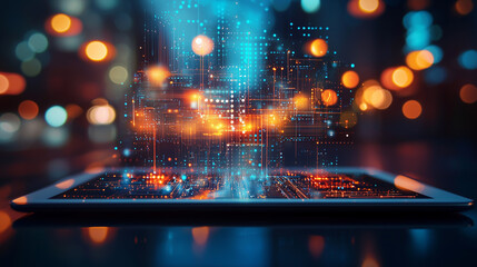 Close up of a tablet with abstract glowing AI chip on blurry background