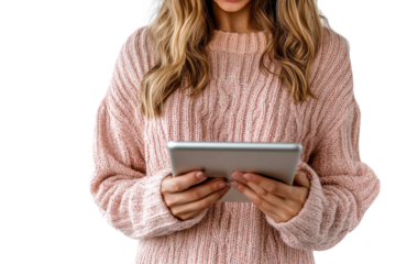 Woman in cozy sweater using tablet indoors