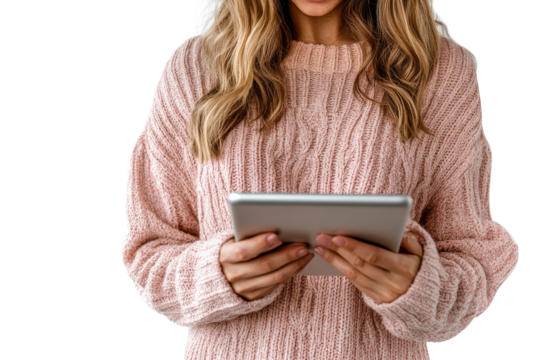 Woman in cozy sweater using tablet indoors