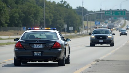 Highway Traffic Patrol Car Pulls over Vehicle on the Road.