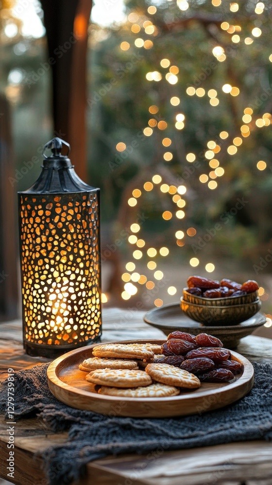 Poster lit lantern cracker and dates on wooden table with bokeh background for dinner