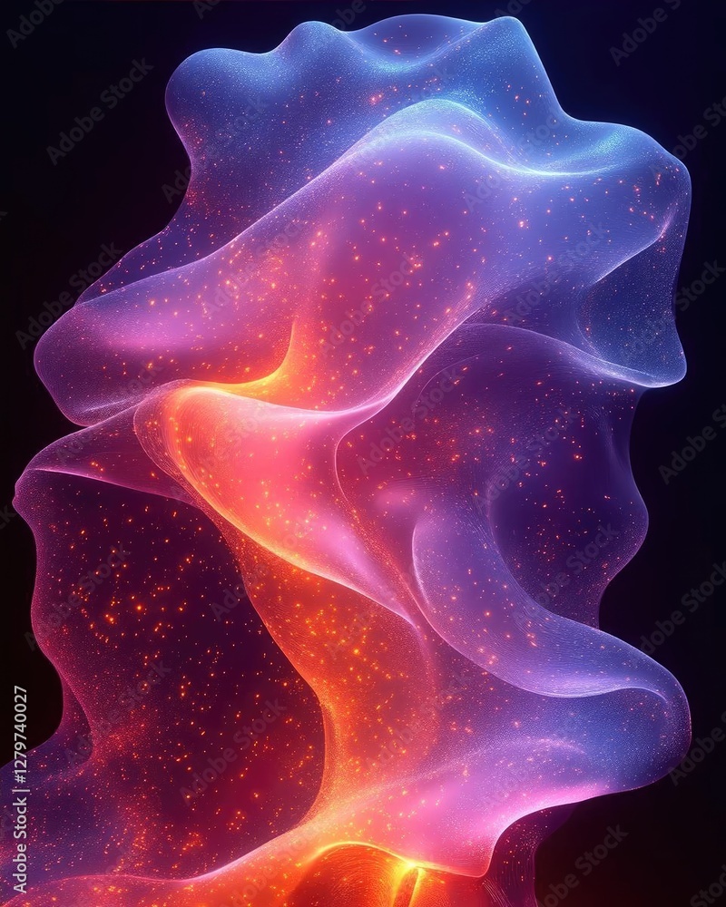 Poster abstract flowing shapes in vibrant colors creating a mesmerizing visual effect against a dark backgr