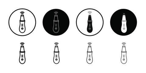 Ultrasonic face skin scrubber icon Black line art vector logo set