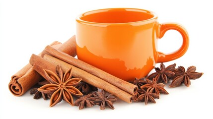Vibrant Orange Cup Surrounded by Aromatic Cinnamon and Star Anise