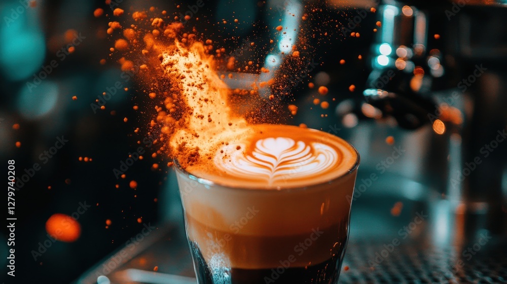 Poster vibrant coffee art with swirling patterns and explosive coffee grounds in a caf? setting