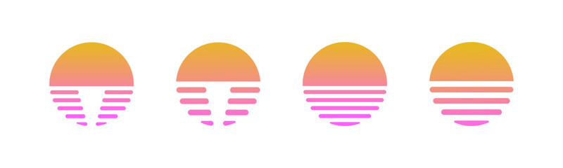 Retro sunset or sunrise 1980s style. Retrowave sun collection. Retro sun 80s neon sunset vintage design. Cyberpunk sun, sunset, sunrise.