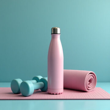 Mockup dise&ntilde;o de producto botella de color rosa junto a una esterilla y dos pesas de gimnasio de color azul claro