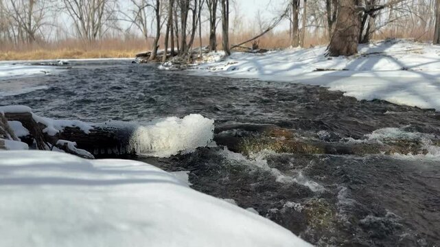 River flowing with snow snd ice during winter
