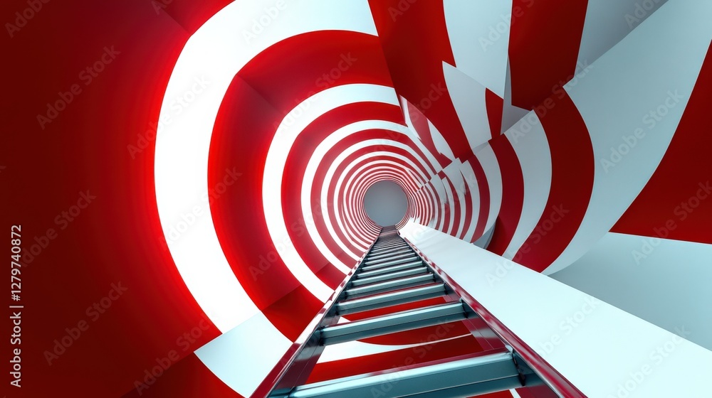 Aufkleber abstract view of a spiral tunnel with a ladder leading into a vibrant red and white pattern