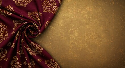 vibrant crimson drapery adorned with golden islamic calligraphy on rustic gold texture ideal for ramadan promotional materials and art