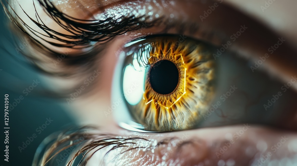 Poster Macro photography of open eye revealing intricate honeycomb pattern in golden iris, exploring themes of vision, ophthalmology, and potential ocular conditions