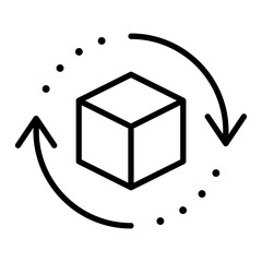 Black single rotating 3D cube model line icon, simple virtual reality flat design illustration pictogram for infographic interface elements for app logo web button ui isolated on white background