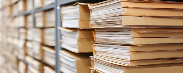 Fototapeta premium A close-up view of stacked files on a shelf, showcasing the organized yet aged appearance of paperwork in a storage setting.