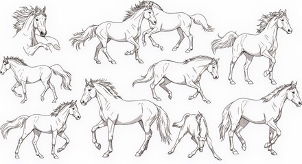 A collection of horse illustrations showcasing various poses and movements.