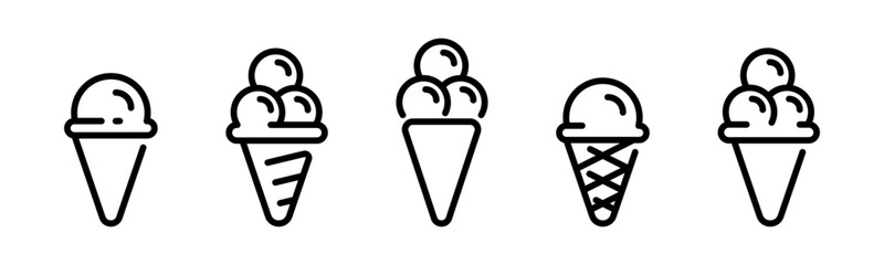 Ice cream icons. Sweet ice cream balls linear icon set. Flat black ice cream symbols
