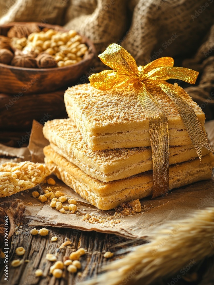 Aufkleber stack of golden sesame cakes tied with gold ribbon and walnuts in a rustic setting