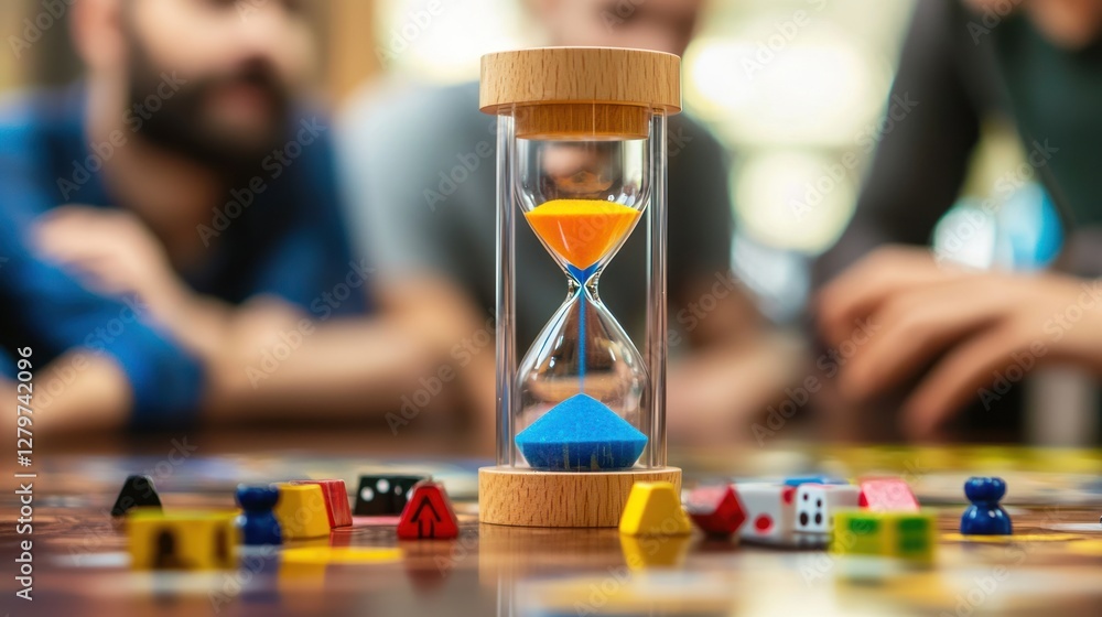 Poster a modern hourglass being used as a timer during a board game session with friends