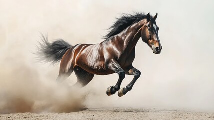 Fototapeta premium Majestic Brown Horse Galloping Through Dusty Landscape at Sunset