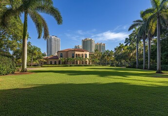 Miami City Park with tall buildings in the background, a blue sky, and palm trees Generative AI