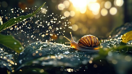 Close Up of Snail Leaving Dewdrop on Leaf in Beautiful Morning Light