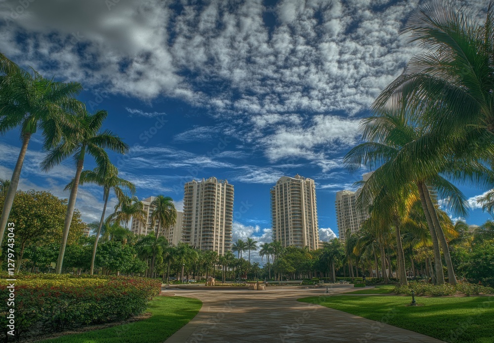 Poster miami, florida, with tall buildings and palm trees in the background in front is an open park area w