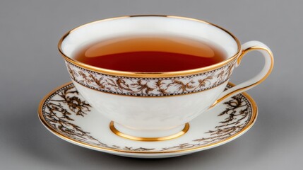 Elegant Antique Tea Cup with Saucer and Rich Brown Tea Essence
