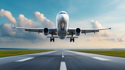 Obraz premium Airplane takes off from runway under a dramatic sky at sunset