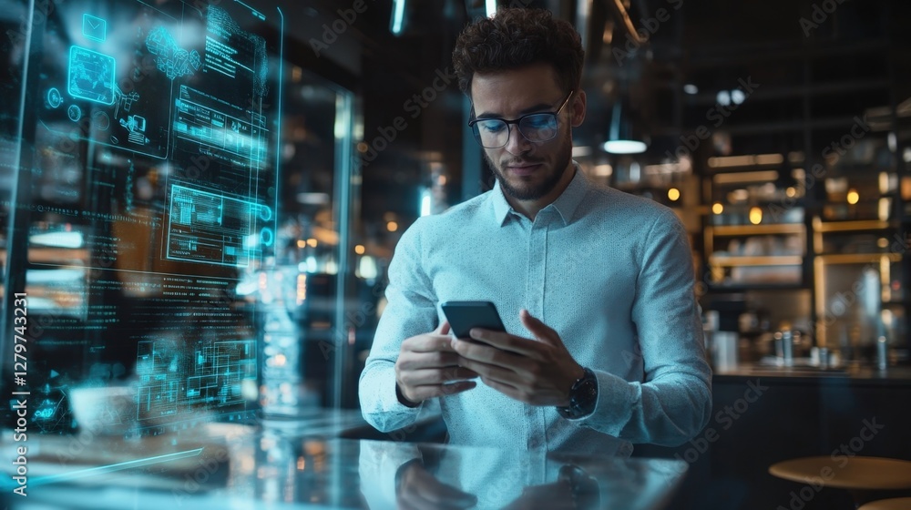 Poster it specialist is using smartphone and analyzing holographic futuristic cyber security interface with