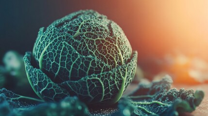 Savoy Cabbage Closeup, Rustic Setting, Sunlight