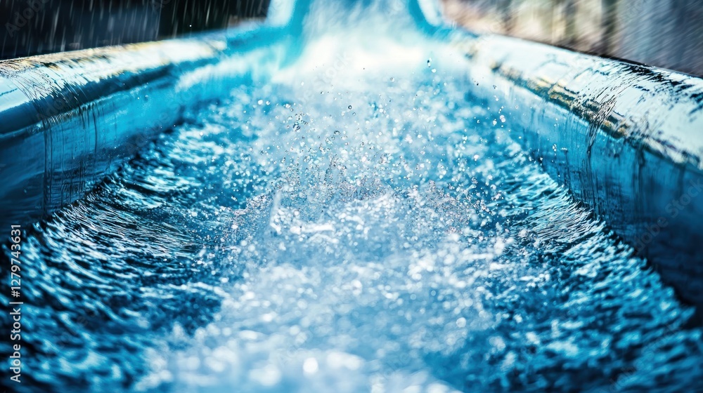Poster a close-up of water rushing down a large water slide, with the motion blur emphasizing the speed and