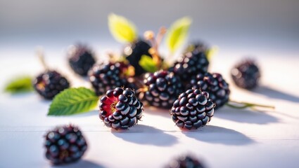 Fresh blackberries scattered on a light surface with green leaves in natural light