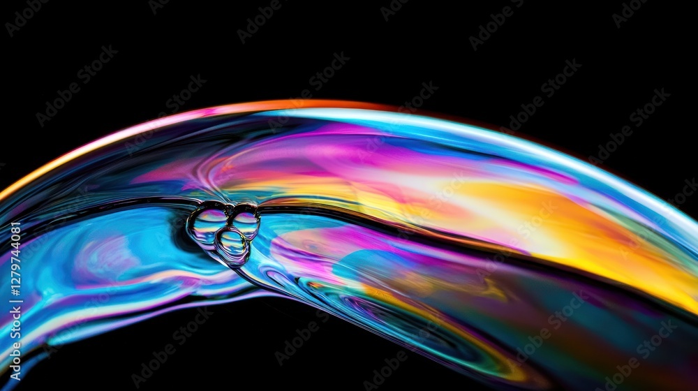 Poster a close-up of soap bubbles reflecting vibrant colors against a dark background creating a dynamic an