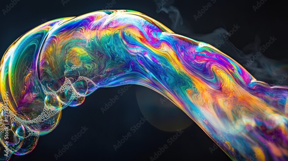 Poster a close-up of soap bubbles reflecting vibrant colors against a dark background creating a dynamic an