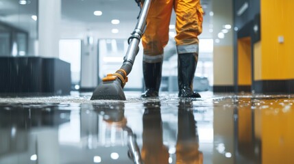 Fototapeta premium A worker cleaning up after a water pipe burst in an office building using a wet vacuum to remove standing water and dry out the space