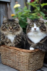 Two cats in a wicker basket outdoors