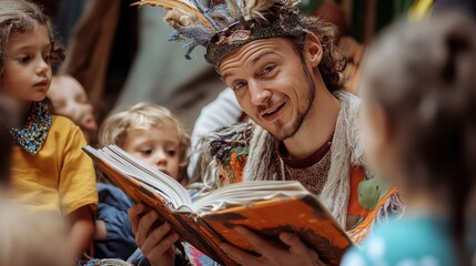 A man in a costume reads a book to a group of children