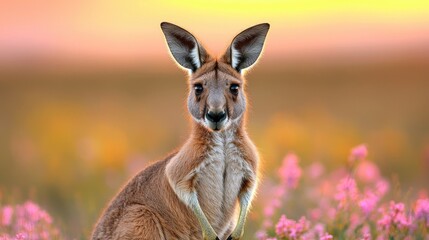 Fototapeta premium Kangaroo in wildflowers at sunset. Wildlife photography, ideal for nature calendars, posters, or websites