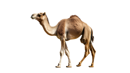 Camel walking across a plain landscape in sunlight