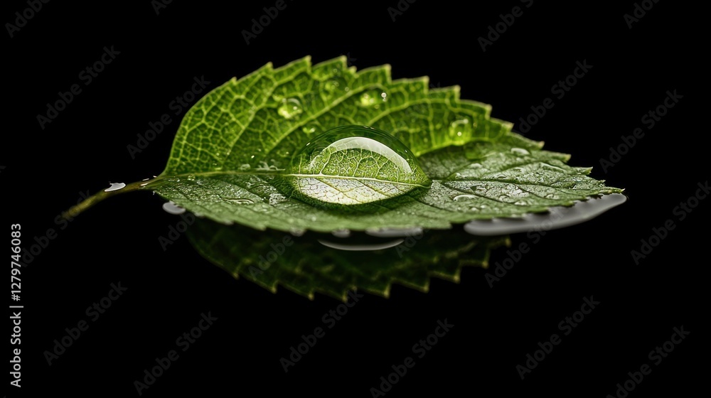 Poster a macro shot of a single water drop on a leaf perfectly rounded and reflecting the surrounding green