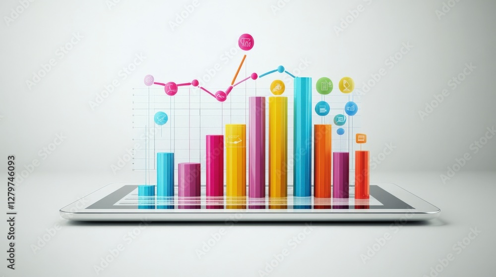 Poster colorful data visualization on a tablet showcasing various statistics and trends