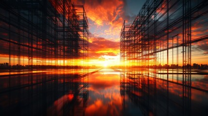 Wide Angle View of Modern Skyscraper Under Construction at Sunset