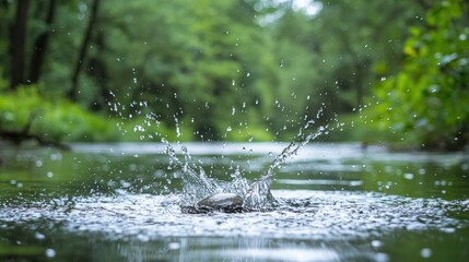 A slow-motion capture of water splashing as a stone skips across the surface of a calm river with a lush forest in the background