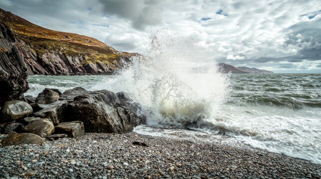 A dramatic image of water splashing against rocks on a rugged coastline the powerful waves creating misty white foam under a cloudy sky
