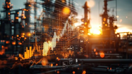 Obraz premium Artistic Financial Composition of an Oil Refinery at Sunset
