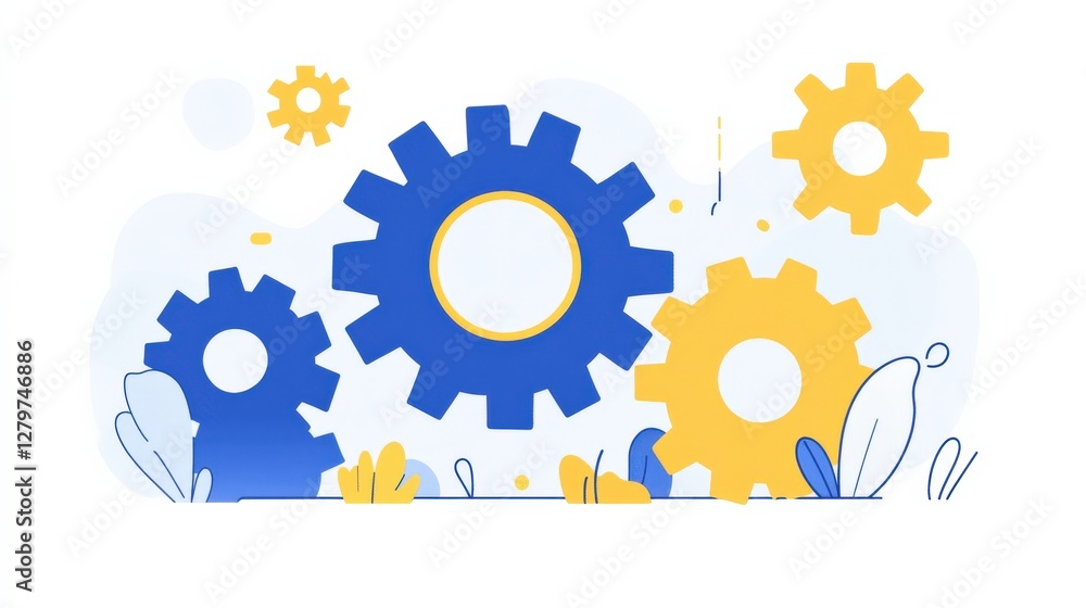 Poster colorful illustration of interlocking gears representing teamwork and collaboration in a creative wo
