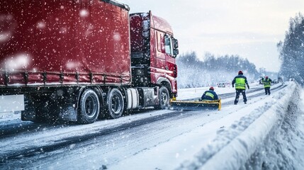 A semi-truck that jackknifed on a snowy highway, with snowplows clearing the area and emergency workers assessing the condition of the injured truck driver