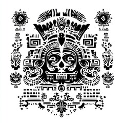 Abstract Black and White Skull Design with Mayan Motifs