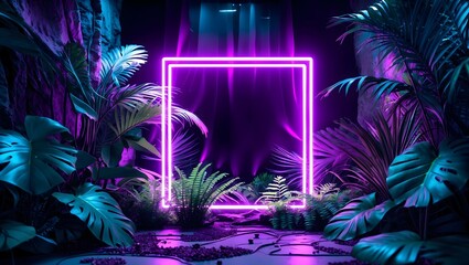 Creative fluorescent color layout made of tropical leaves with neon light square. Flat lay. Nature concept.  