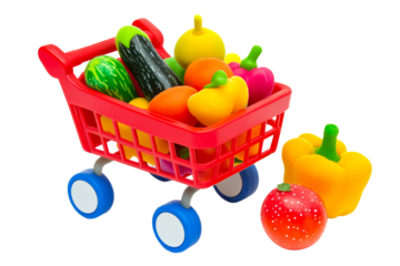 Bright toy fruits and veggies in cart