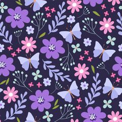 Vector seamless pattern with different flowers, leaves, butterflies isolated on dark purple background.	
